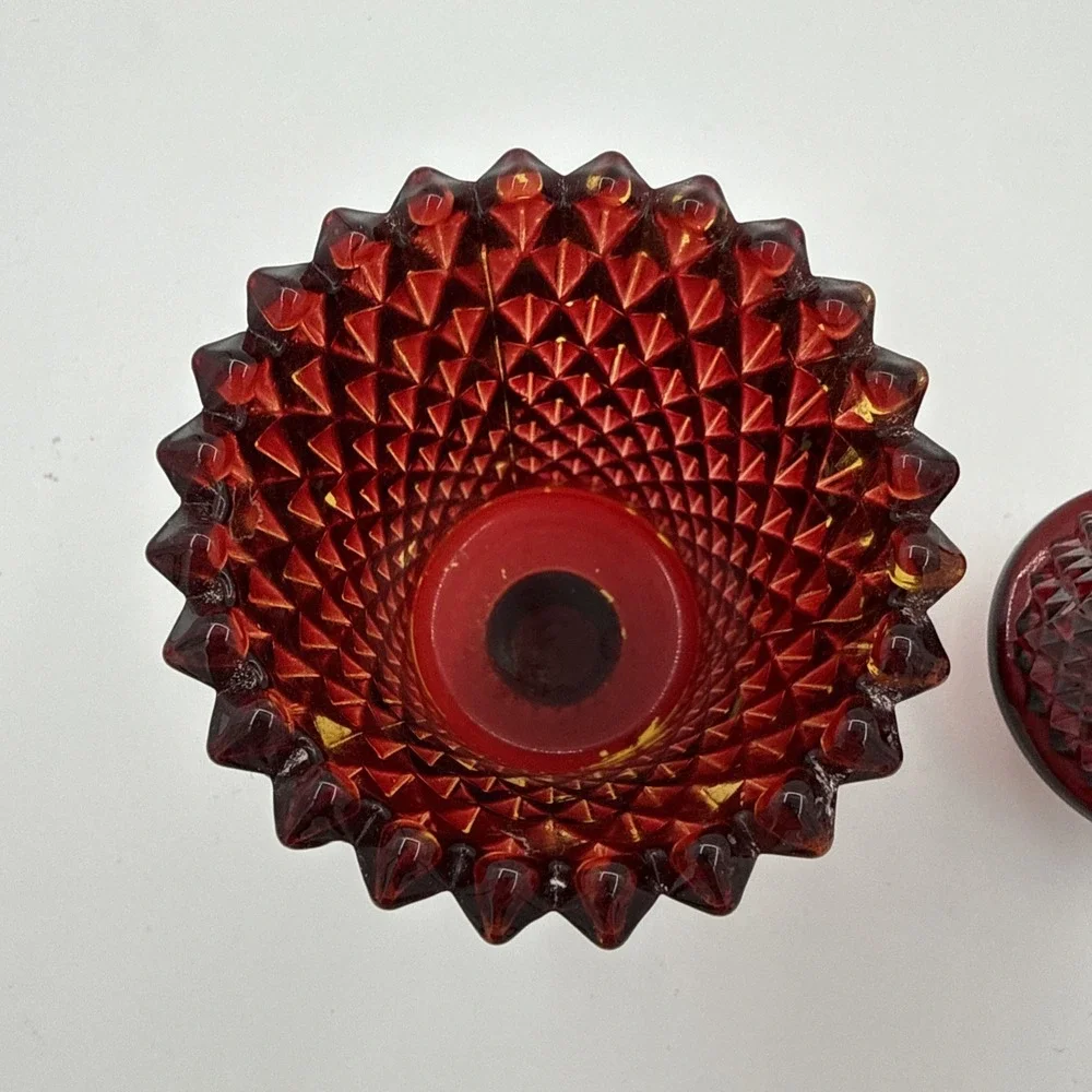 Vintage Homco Ruby Red Diamond Point Pegged Glass Votive 2 Candle Holders